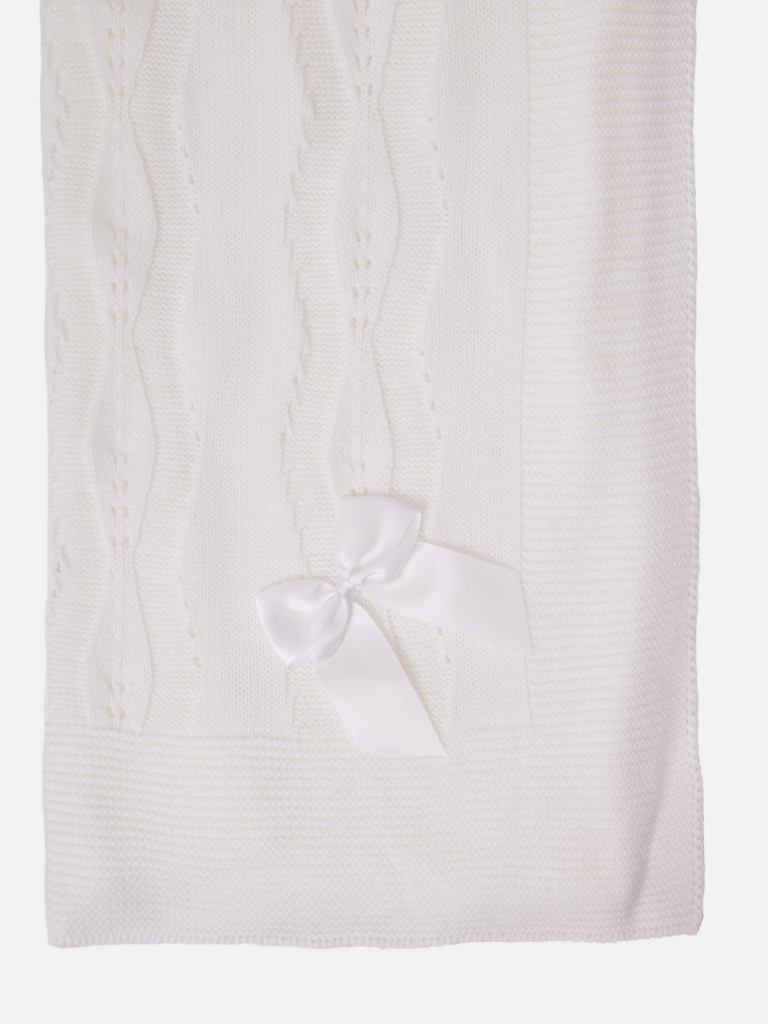 Baby Spanish Delicate Knitted Blanket with Bow - White