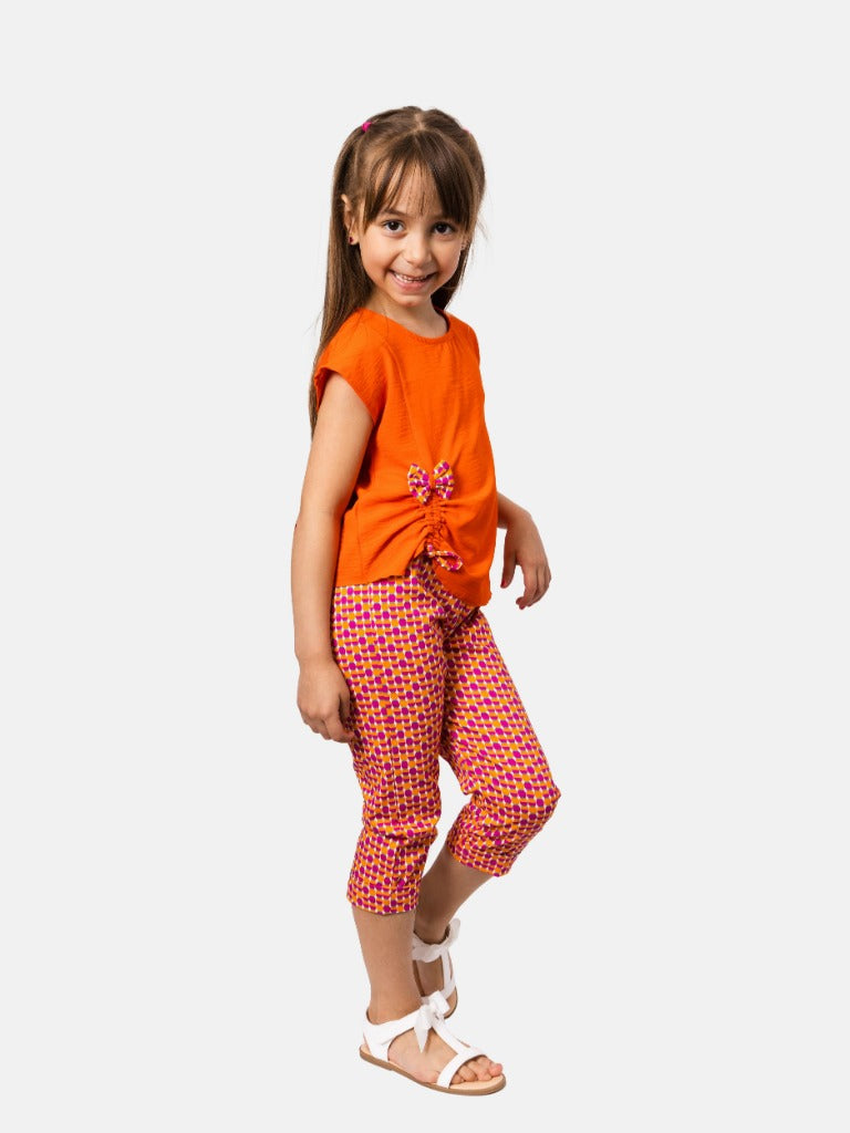Junior Girl Roxane French Collection Drawstring Top with bow and Printed Pants Set - Orange