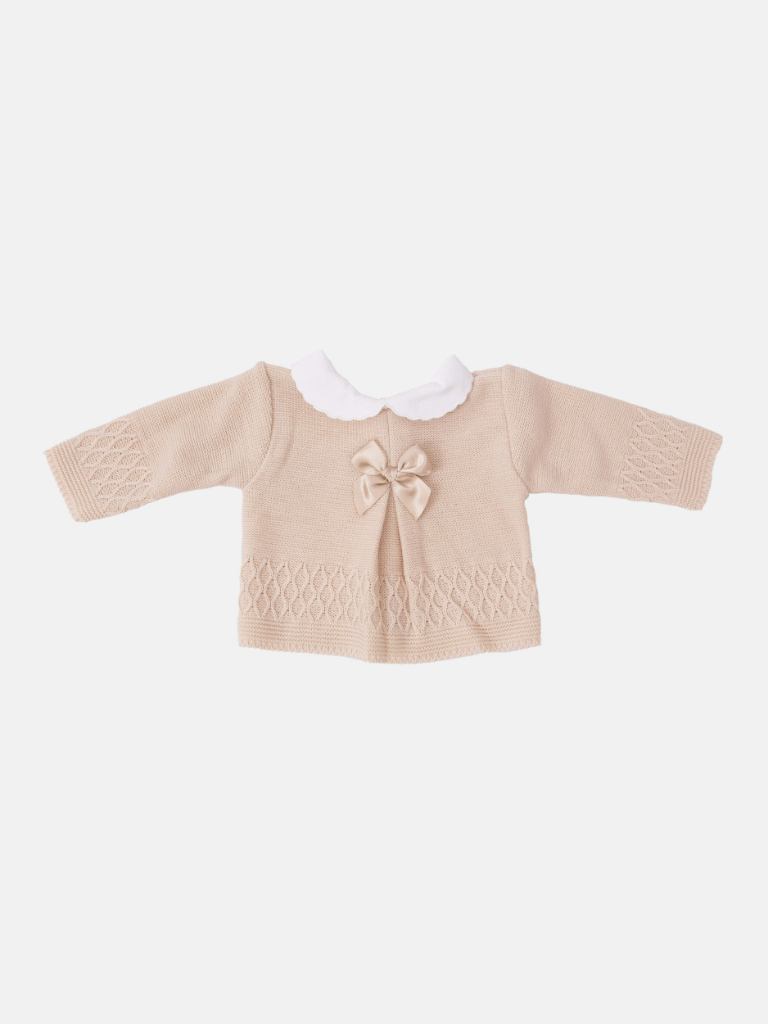 Baby Girl Sofia Collection Knitted 3 piece set with Satin Bow and Bonnet - Beige
