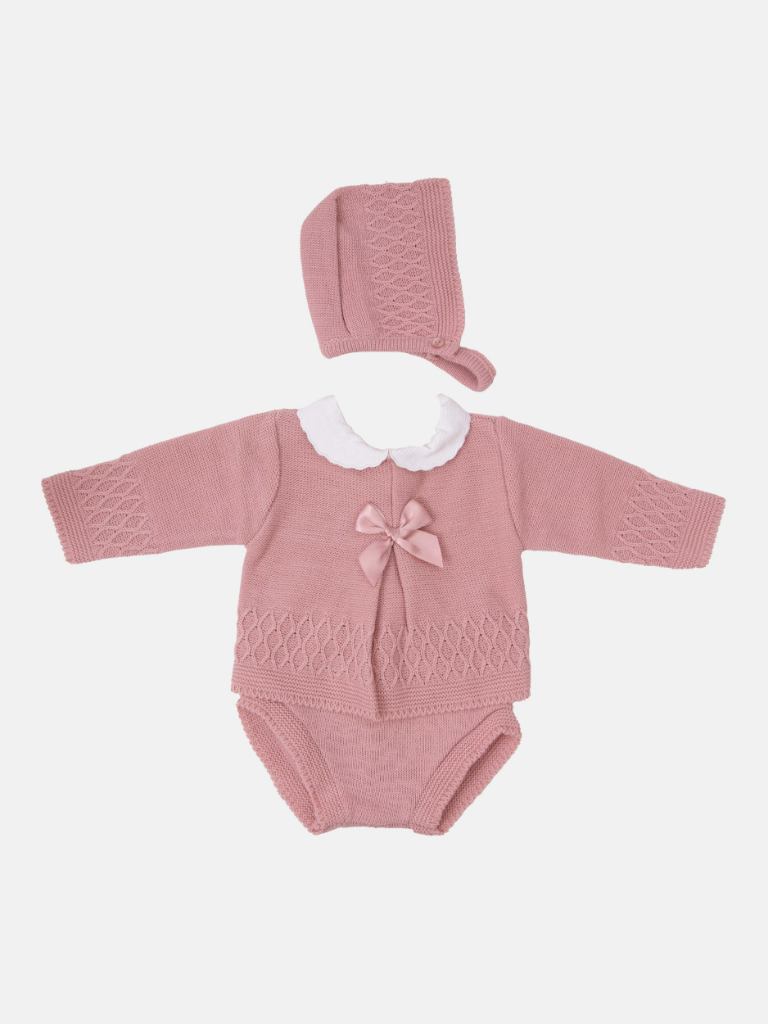 Baby Girl Sofia Collection Knitted 3-piece set with Satin Bow and Bonnet - Dusty Pink