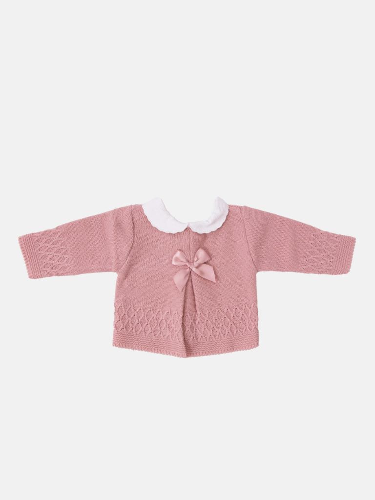 Baby Girl Sofia Collection Knitted 3-piece set with Satin Bow and Bonnet - Dusty Pink
