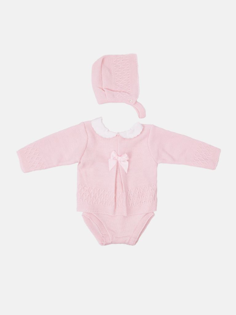 Baby Girl Sofia Collection Knitted 3 piece set with Satin Bow and Bonnet - Baby Pink