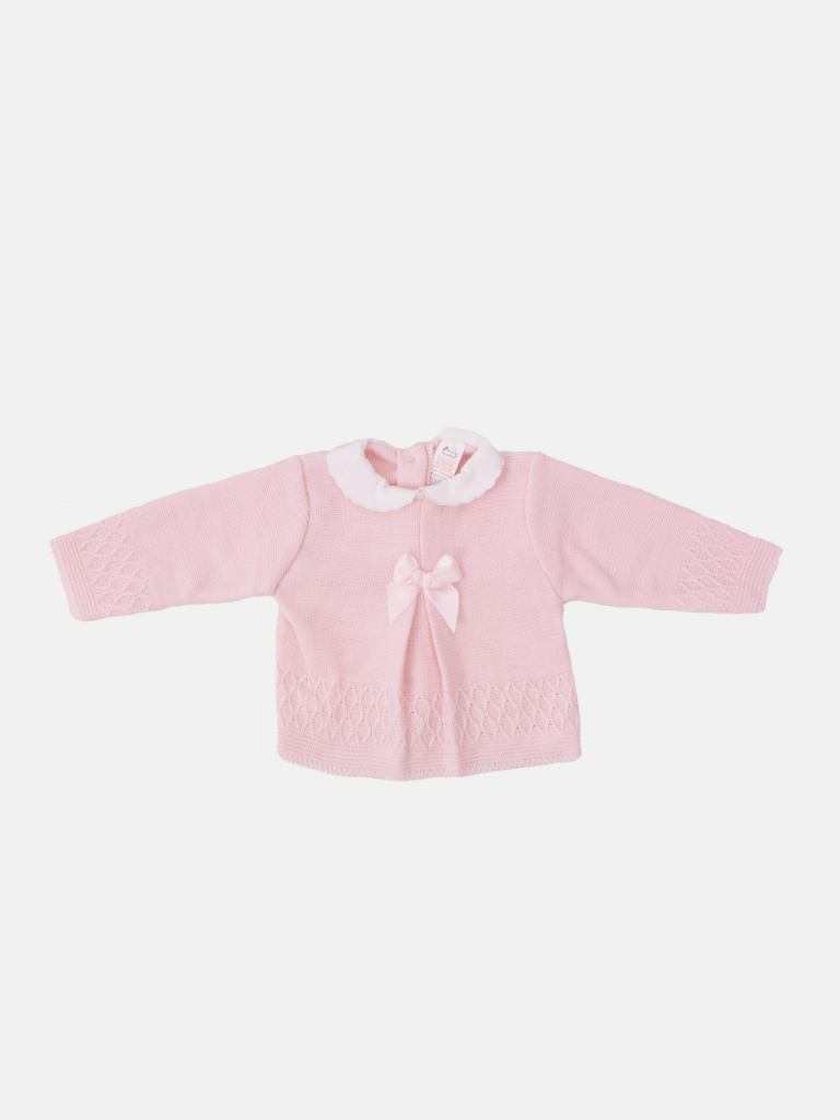 Baby Girl Sofia Collection Knitted 3 piece set with Satin Bow and Bonnet - Baby Pink
