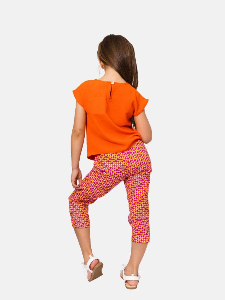 Junior Girl Roxane French Collection Drawstring Top with bow and Printed Pants Set - Orange