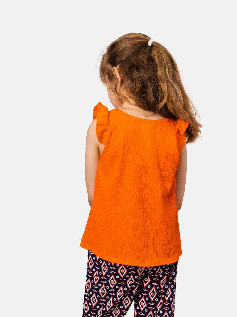 Junior Girl Charlotte French Collection Frilly Short Sleeves Top and Printed Cuffed Pants Set - Orange and Navy Blue