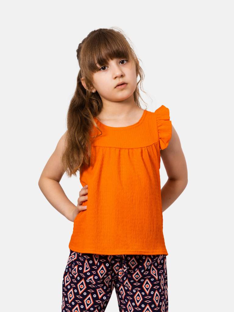 Junior Girl Charlotte French Collection Frilly Short Sleeves Top and Printed Cuffed Pants Set - Orange and Navy Blue