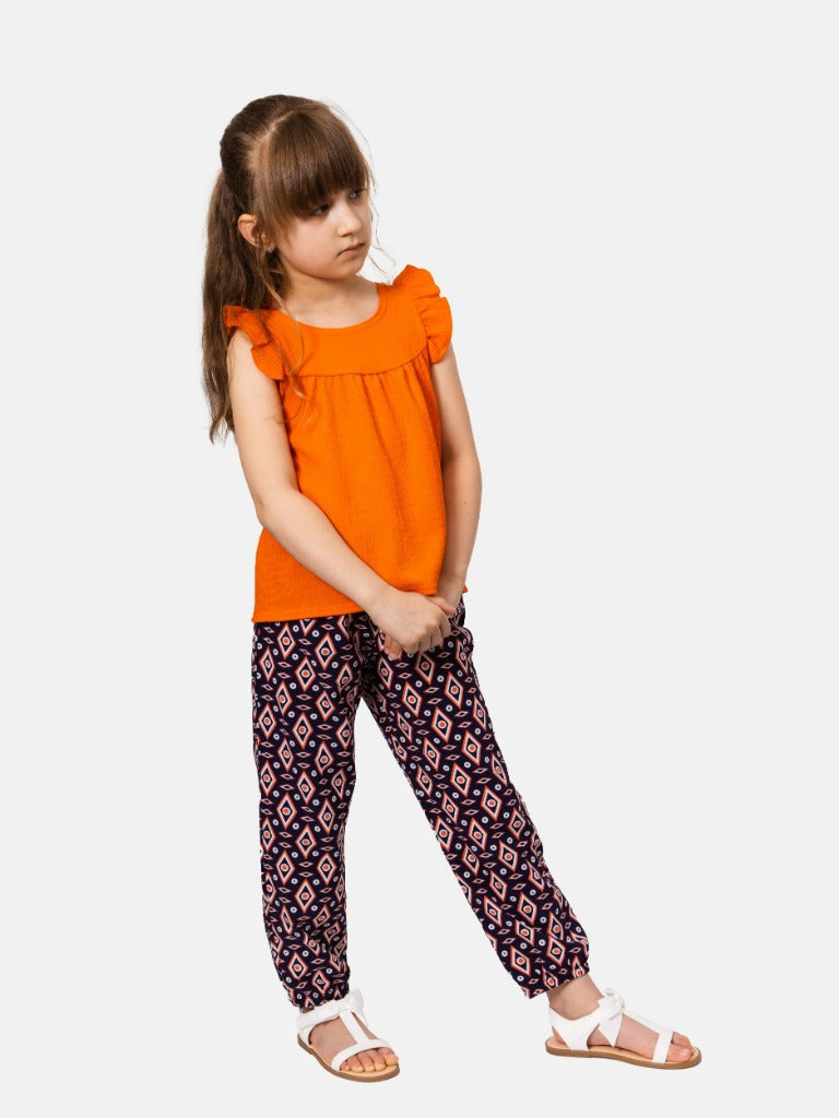 Junior Girl Charlotte French Collection Frilly Short Sleeves Top and Printed Cuffed Pants Set - Orange and Navy Blue