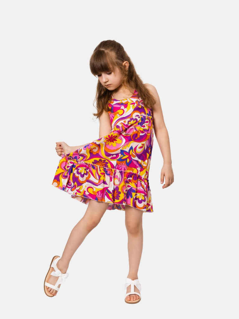 Junior Girl Solange French Collection Criss-cross Back Printed Floral Summer Dress with Ruffles - Multicolour