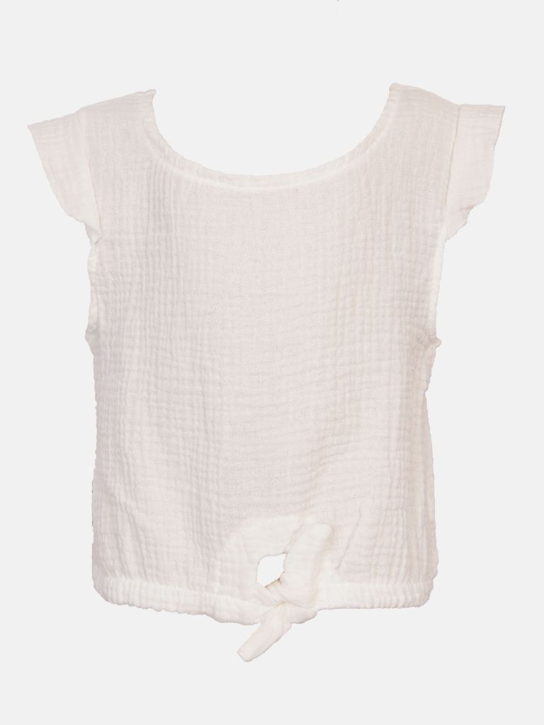 Junior Girl Melanie French Collection Short Sleeves Top with front Tie-Knot - White
