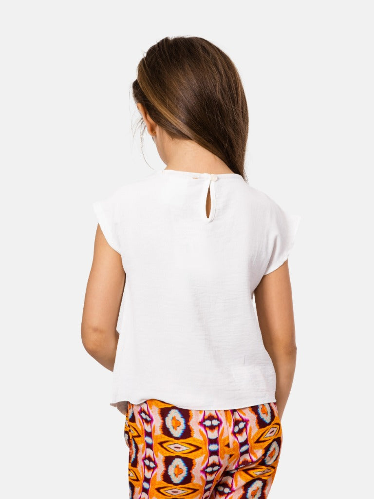 Junior Girl Roxane French Collection Drawstring Top with bow and Printed Pants Set - White and Orange