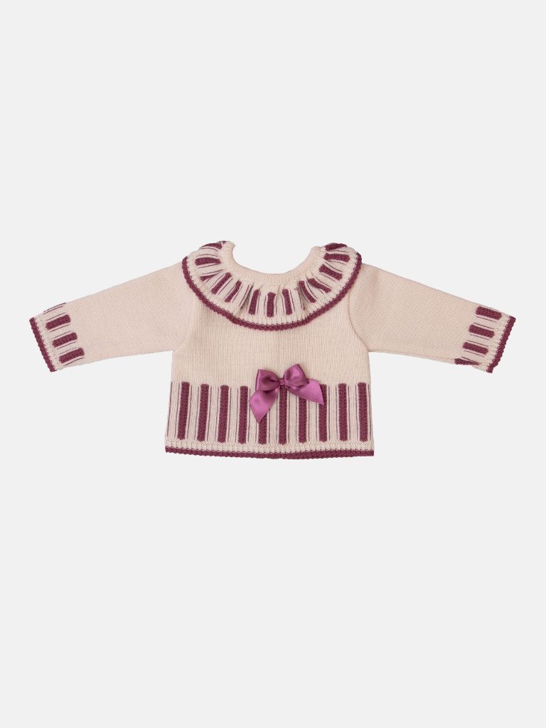 Baby Girl Bella Collection Knitted 3 piece set with bow - Beige with Imperial Purple