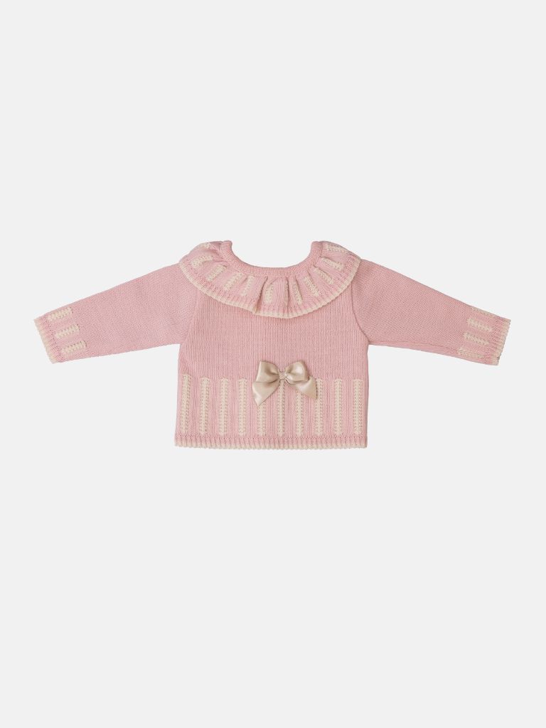 Baby Girl Bella Collection Knitted 3 piece set with bow - Dusty Pink with Beige