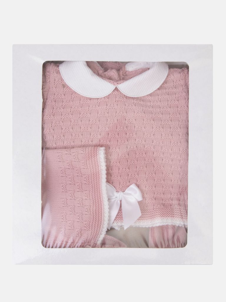 Baby Girl 3-piece Peter Pan Collar Knitted Gift Box Set with Full Sleeve Top with Bow, Trouser with Booties, and Bonnet - Dusty Pink