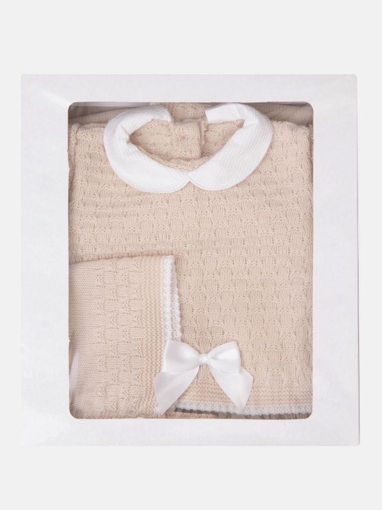 Baby Unisex 3-piece Peter Pan Collar Knitted Gift Box Set with Full Sleeve Top with Bow, Trouser with Booties, and Bonnet - Beige