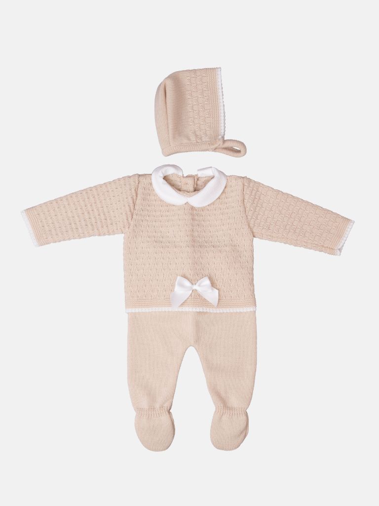 Baby Unisex 3-piece Peter Pan Collar Knitted Gift Box Set with Full Sleeve Top with Bow, Trouser with Booties, and Bonnet - Beige