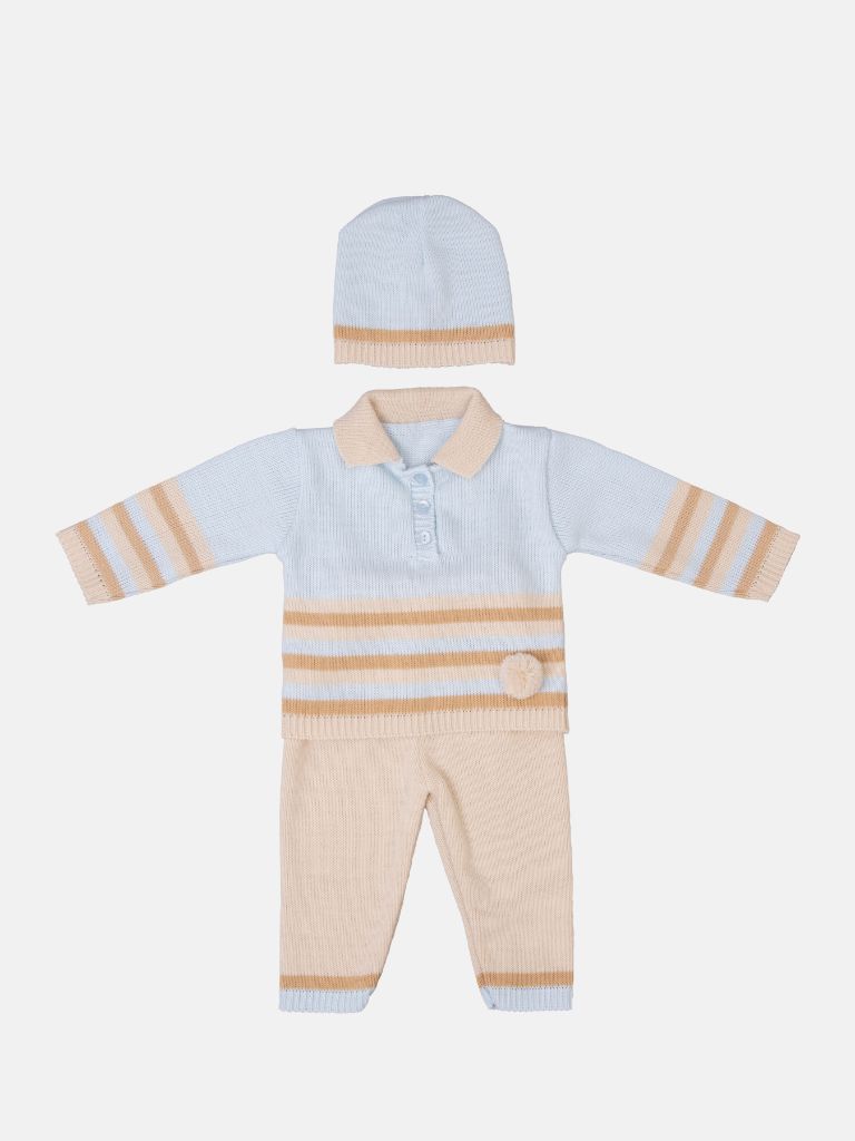 Baby Unisex 3-piece Striped Knitted Gift Box Set - Baby Blue & Beige