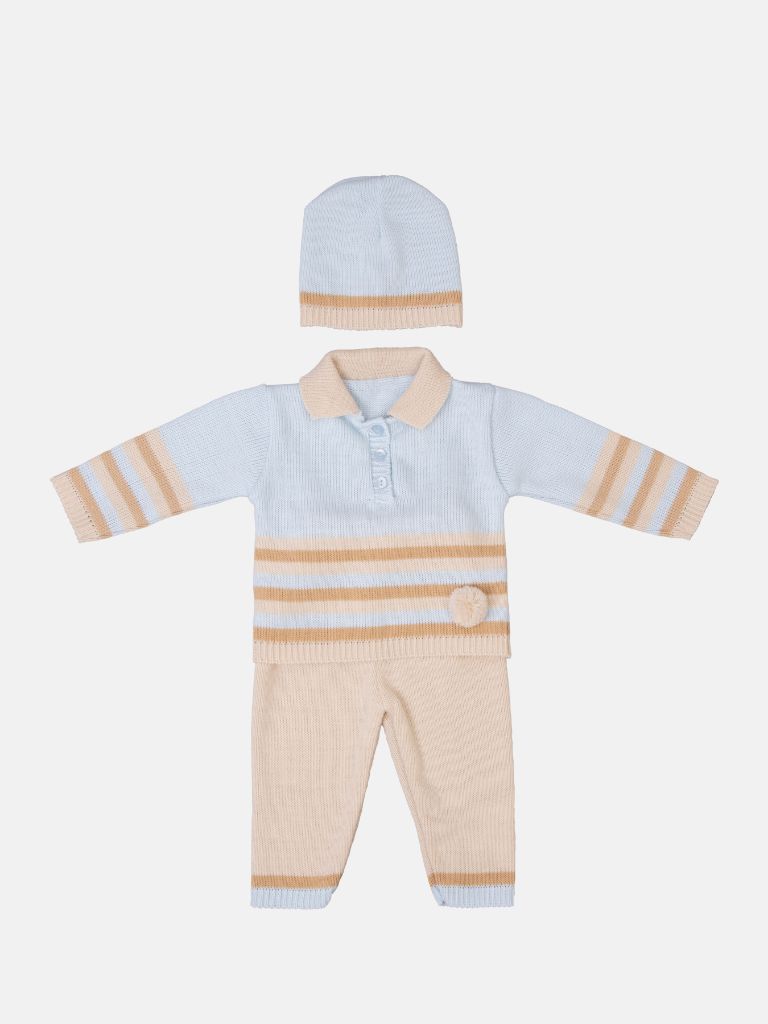 Baby Unisex 3-piece Striped Knitted Gift Box Set with Full Sleeve Polo with Pom-pom, Trouser, and Beanie Hat - Baby Blue