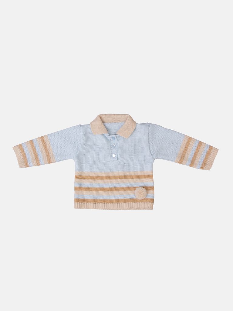 Baby Unisex 3-piece Striped Knitted Gift Box Set with Full Sleeve Polo with Pom-pom, Trouser, and Beanie Hat - Baby Blue