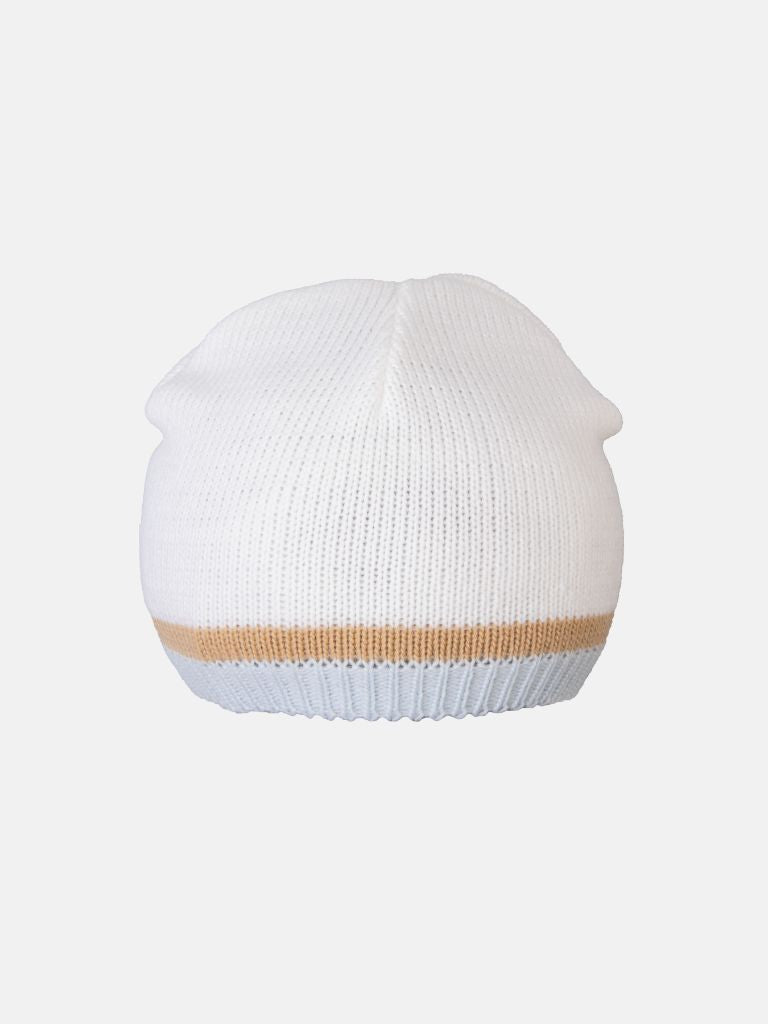 Baby Unisex 3-piece Striped Knitted Gift Box Set with Full Sleeve Polo with Pom-pom, Trouser, and Beanie Hat - White