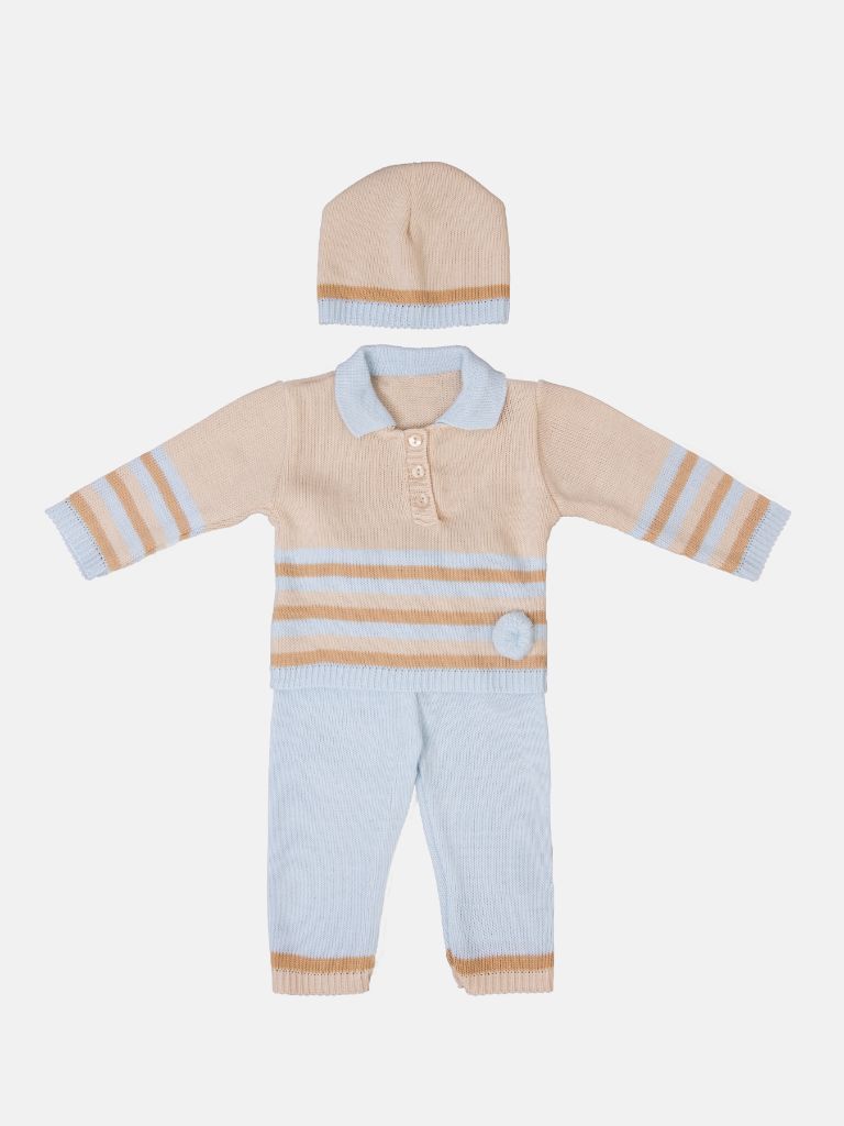 Baby Unisex 3-piece Striped Knitted Gift Box Set with Full Sleeve Polo with Pom-pom, Trouser, and Beanie Hat - Beige