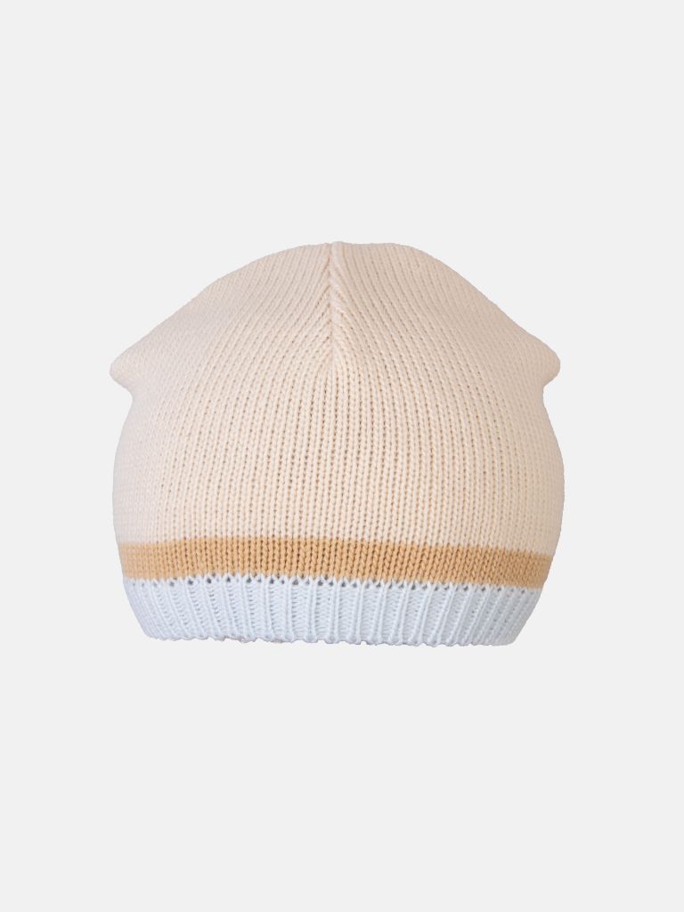 Baby Unisex 3-piece Striped Knitted Gift Box Set with Full Sleeve Polo with Pom-pom, Trouser, and Beanie Hat - Beige