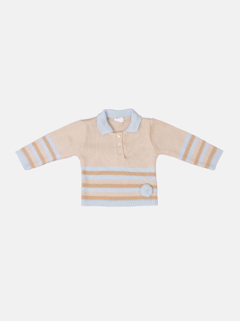 Baby Unisex 3-piece Striped Knitted Gift Box Set with Full Sleeve Polo with Pom-pom, Trouser, and Beanie Hat - Beige