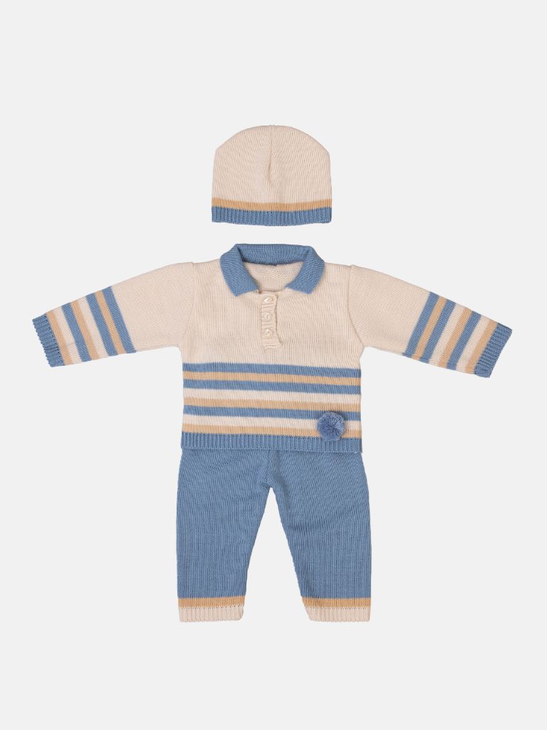 Baby Unisex 3-piece Striped Knitted Gift Box Set with Full Sleeve Polo with Pom-pom, Trouser, and Beanie Hat - Blue