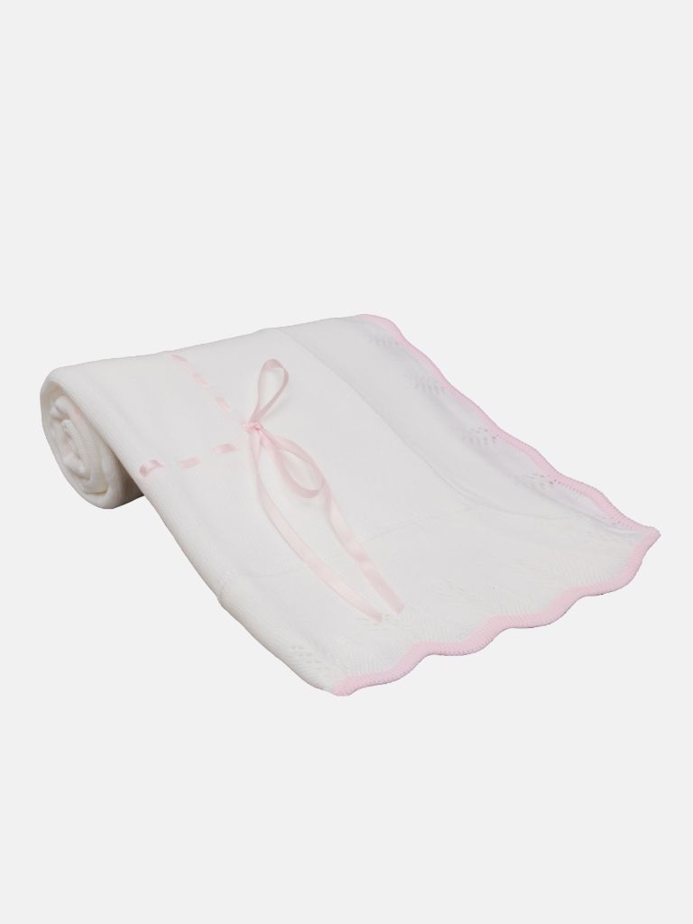 Baby Spanish Shawl Colour Hem & Satin Ribbon-White & Baby Pink