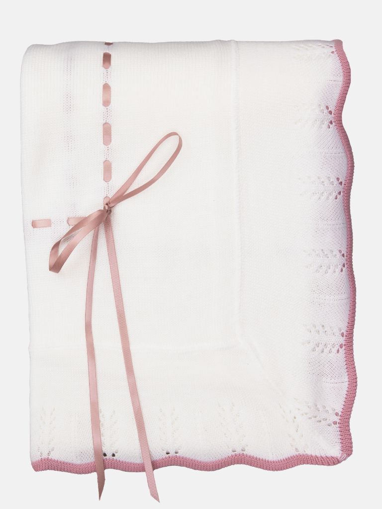 Baby Spanish Shawl Colour Hem & Satin Ribbon-White & Dusty Pink