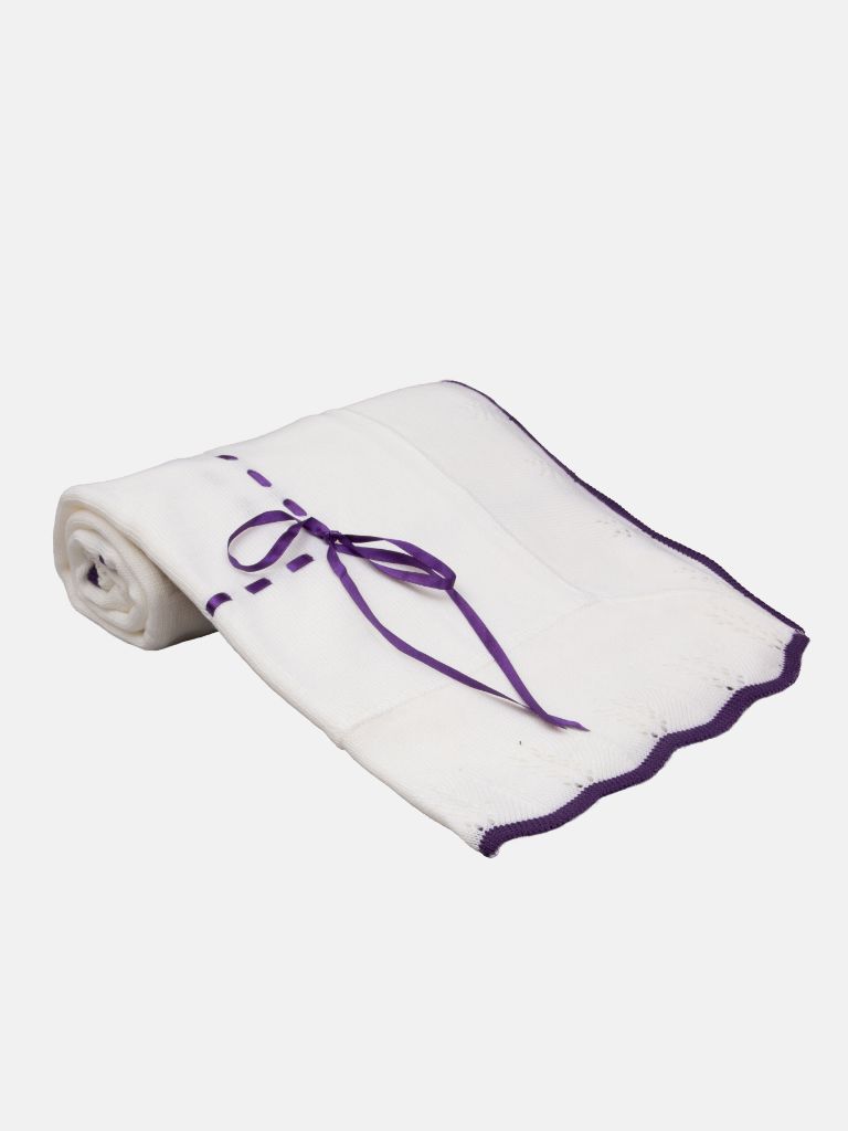 Baby Spanish Shawl Colour Hem & Satin Ribbon-White & Violet