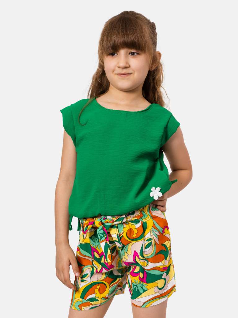 Junior Girl Louane French Collection Top with flower and Floral Printed Shorts with Elasticated Drawstring Set - Green and Yellow