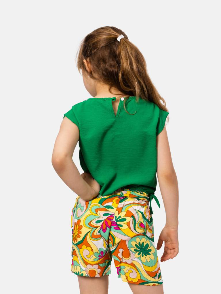 Junior Girl Louane French Collection Top with flower and Floral Printed Shorts with Elasticated Drawstring Set - Green and Yellow