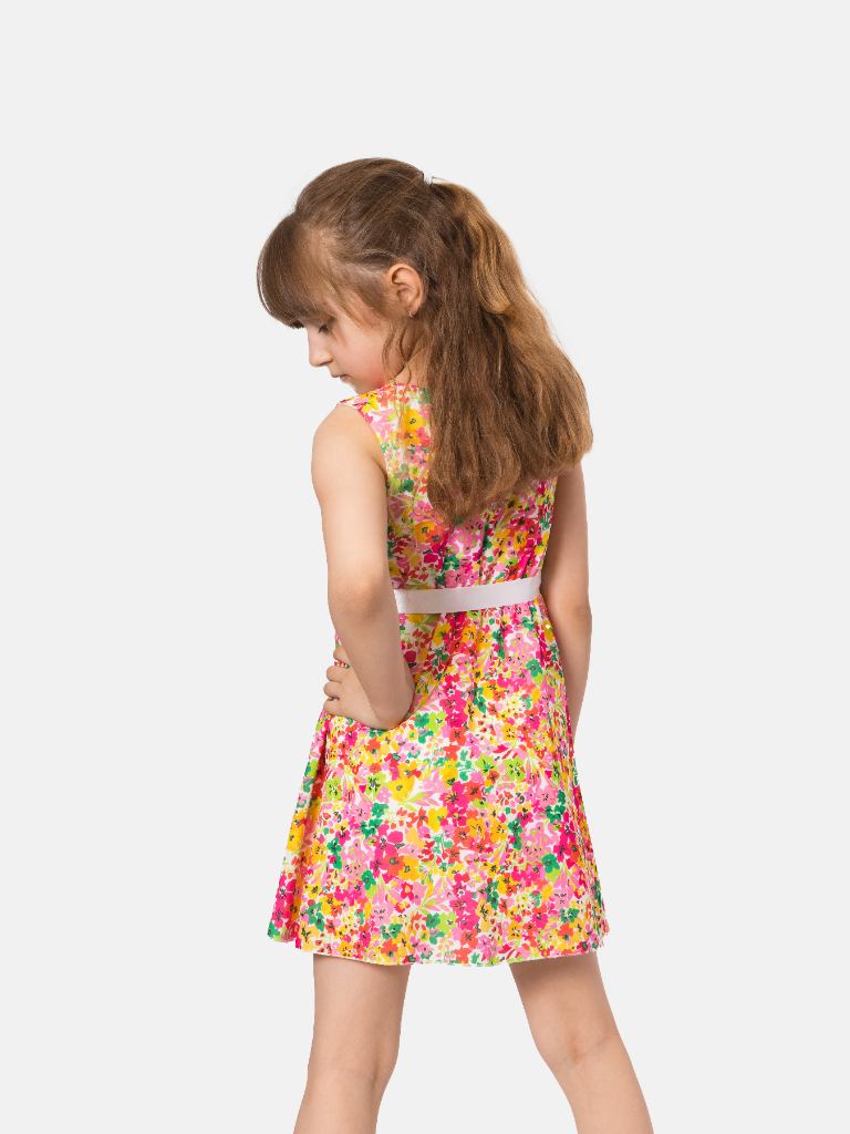 Junior Girl Budapest French Collection Printed Dress with Satin Belt - Multicolour