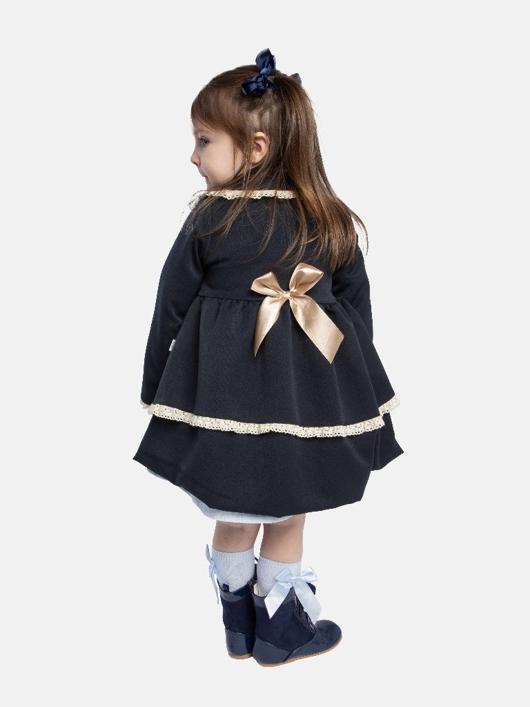 Baby Girl Luxury Spanish Coat with Lace and Bows - Dark Navy Blue