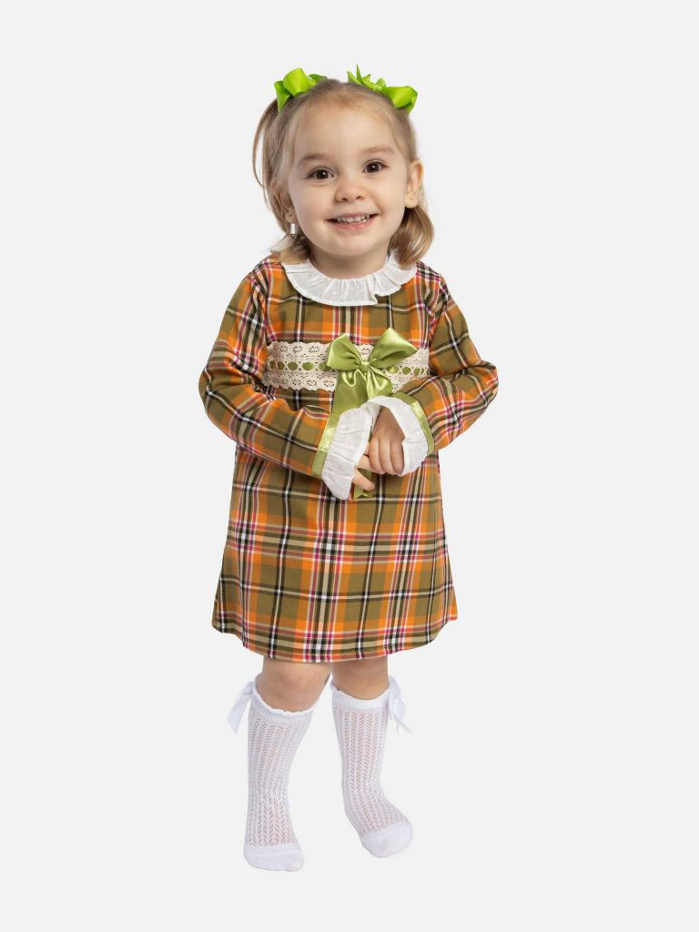 Baby Girl Luxury Tartan Frilly Dress with Bow and Knickers - Orange with Green Bow