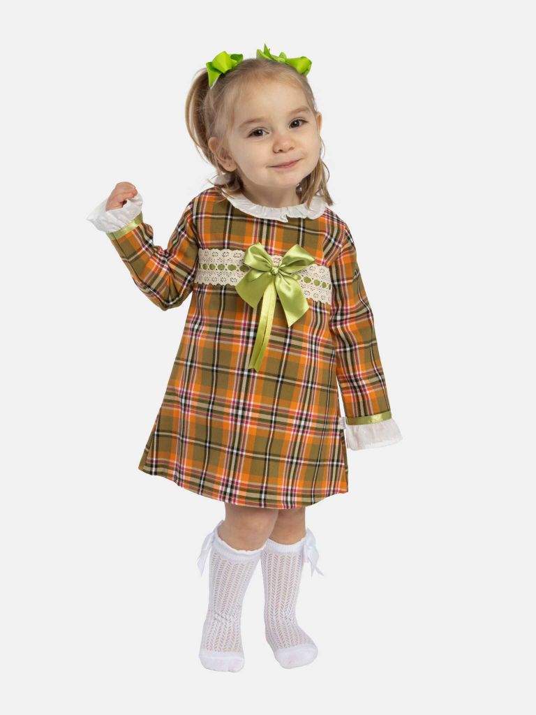 Baby Girl Luxury Tartan Frilly Dress with Bow and Knickers - Orange with Green Bow