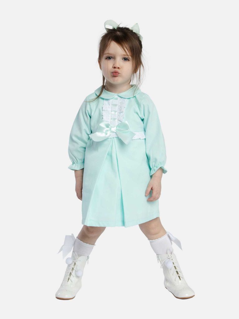 Baby Girl Julieta Classic Dress With Bow Long Sleeves - Mint