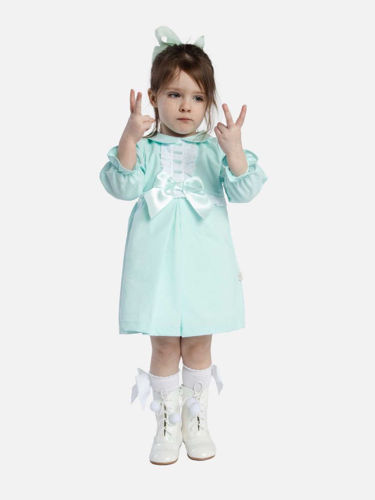 Baby Girl Julieta Classic Dress With Bow Long Sleeves - Mint