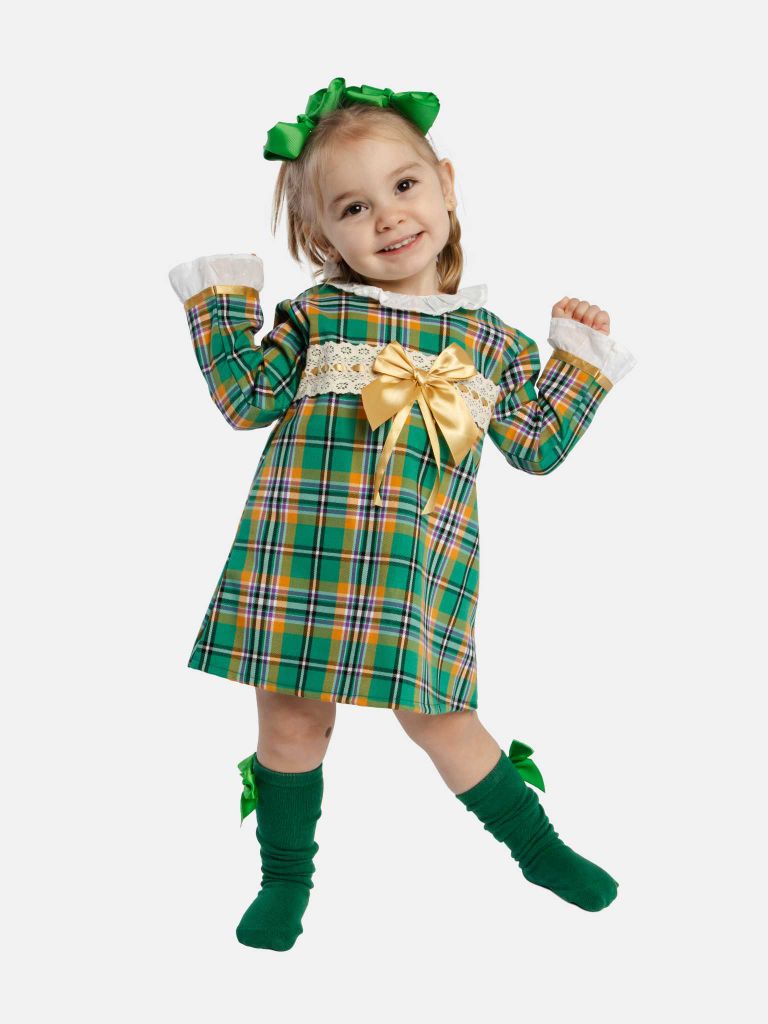 Baby Girl Luxury Tartan Frilly Dress with Bow and Knickers - Green with Beige Bow