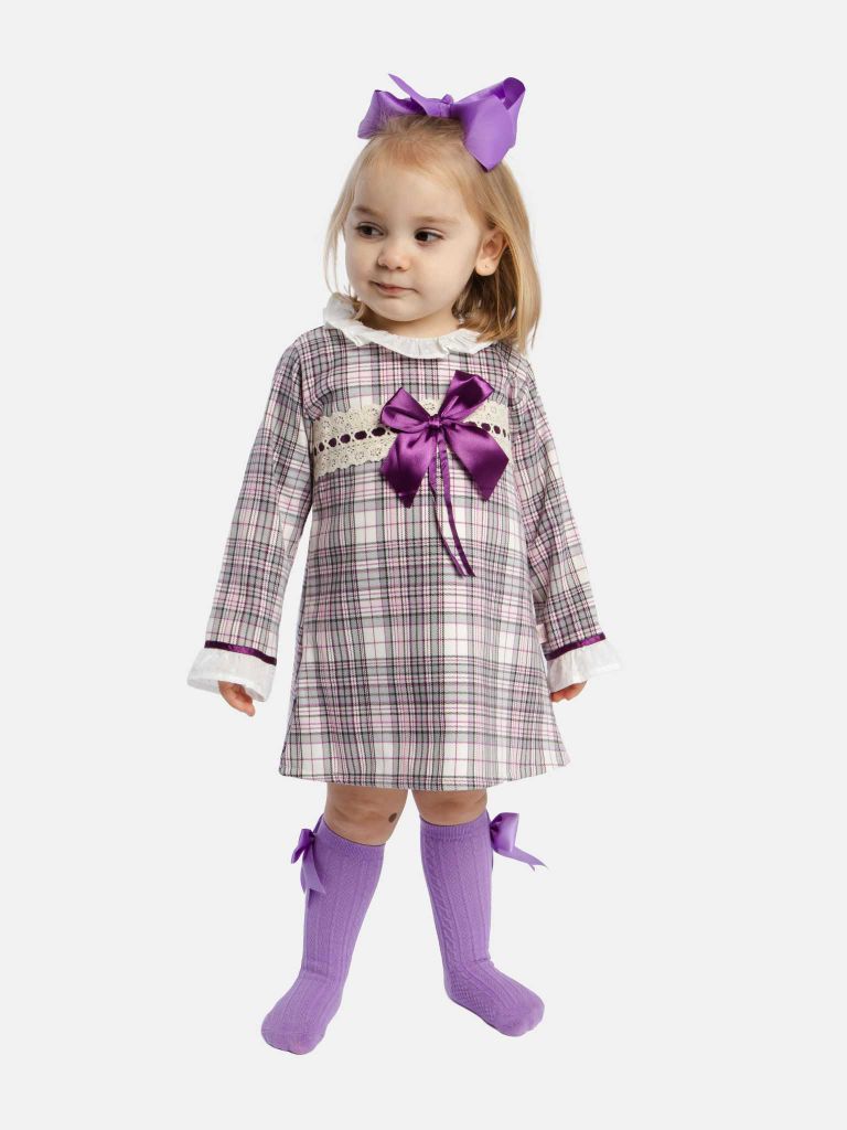 Baby Girl Luxury Tartan Frilly Dress with Bow and Knickers - Grey with Purple Bow