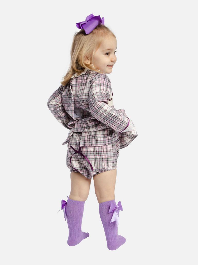 Baby Girl Luxury Tartan Frilly Dress with Bow and Knickers - Grey with Purple Bow