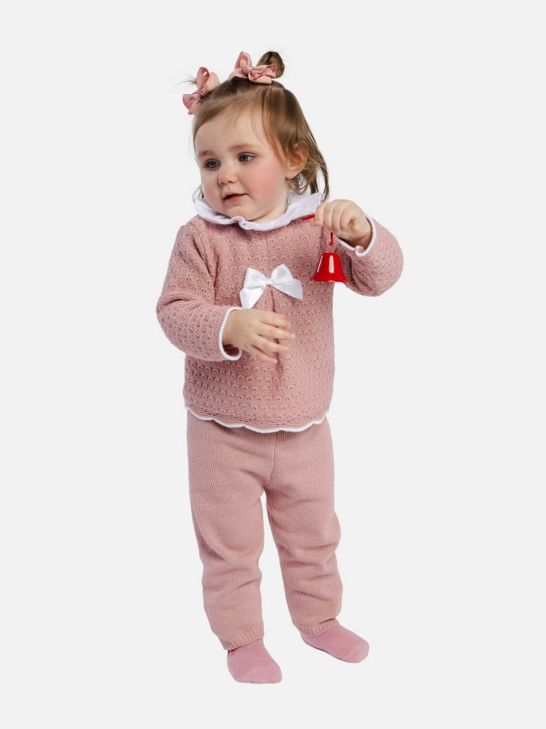 Baby Girl Mia Collection 3-piece Knitted Set with Bow and Bonnet - Dusty Pink