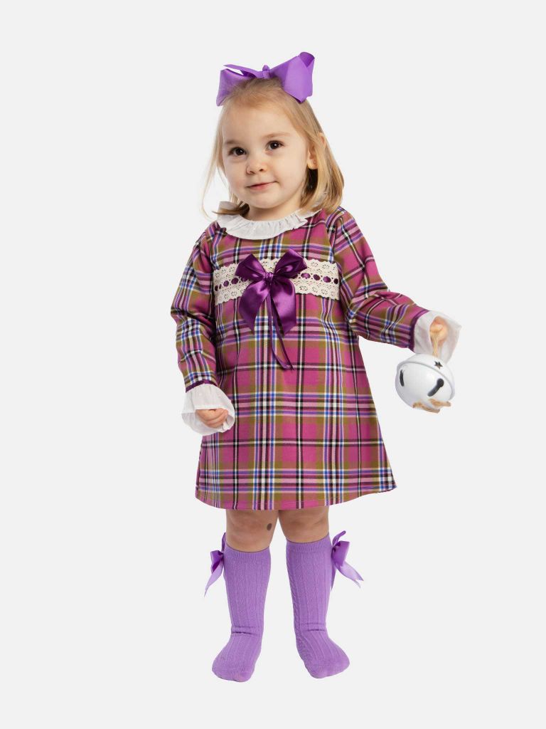 Baby Girl Luxury Tartan Frilly Dress with Bow and Knickers - Lilac with Purple Bow