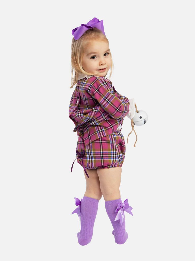 Baby Girl Luxury Tartan Frilly Dress with Bow and Knickers - Lilac with Purple Bow