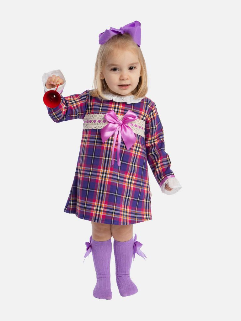 Baby Girl Luxury Tartan Frilly Dress with Bow and Knickers - Purple with Lilac Bow