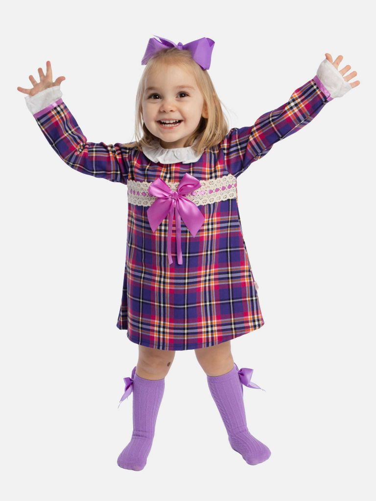 Baby Girl Luxury Tartan Frilly Dress with Bow and Knickers - Purple with Lilac Bow