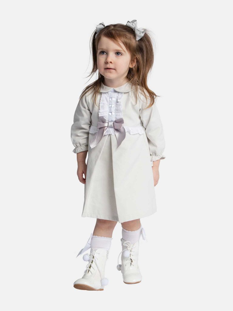 Baby Girl Julieta Classic Dress With Bow Long Sleeves - Grey