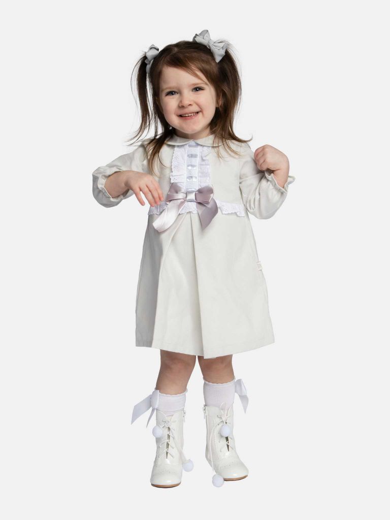 Baby Girl Julieta Classic Dress With Bow Long Sleeves - Grey