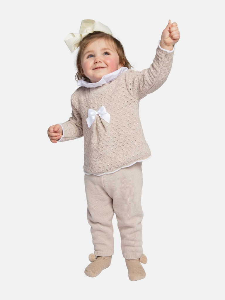 Baby Girl Mia Collection 3-piece Knitted Set with Bow and Bonnet - Beige