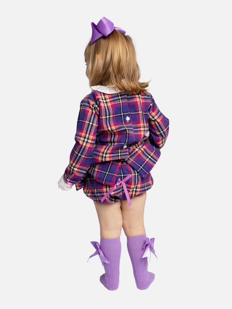 Baby Girl Luxury Tartan Frilly Dress with Bow and Knickers - Purple with Lilac Bow